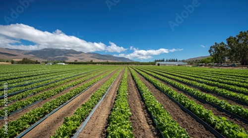 Automated irrigation system in an expansive outdoor farm, tending to rows of fresh green lettuce, highlighting sustainable farming practices.