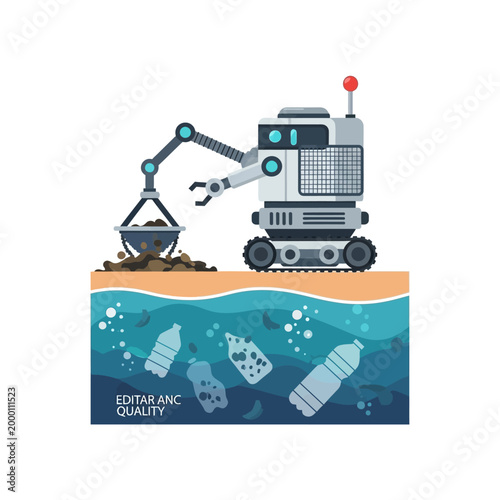Robot cleaning polluted ocean water and beach from plastic waste