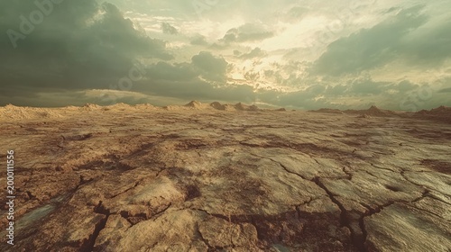 Barren, cracked land stretching endlessly, emphasizing the devastating effects of desertification and climate change