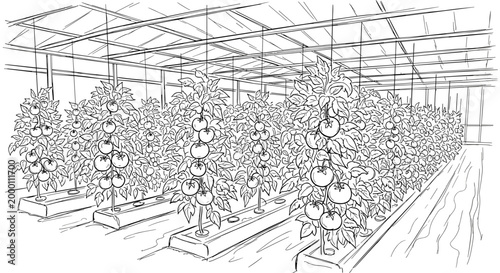 Illustration of greenhouse interior with neat rows of tomato plants, detailed line art showcasing ripe tomatoes under a glass roof structure