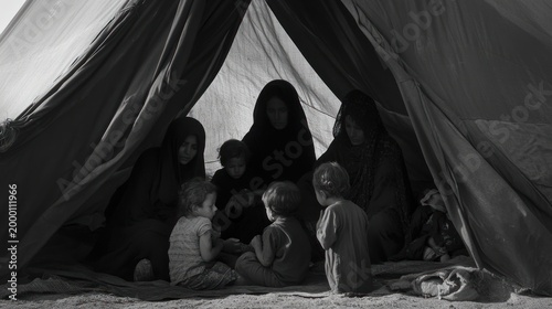 Black-and-white photo of refugee women and children in a tent, symbolizing the resilience and challenges of displacement.