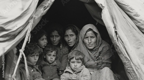 Black-and-white photo of refugee women and children in a tent, symbolizing the resilience and challenges of displacement.