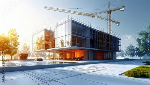 Realistic architectural visualization of glass building under construction with cranes and blueprint plans on ground