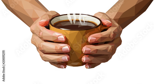 Polygonal hands holding a steaming cup of hot cocoa against a white background, showcasing warmth and comfort in a geometric art style