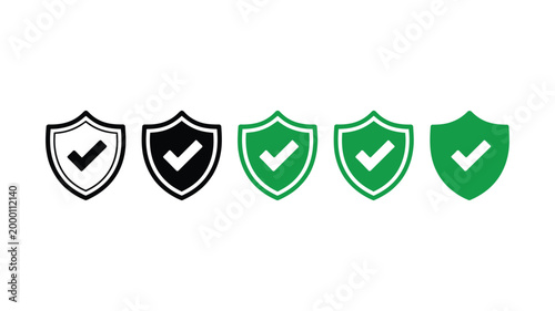 Safety shield symbols with check mark, security and protection icon set with tick mark notifications vector illustration for safety assurance design.