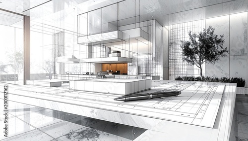 Modern architectural sketch showing luxury interior living space with minimalist furniture and indoor tree on drafting table