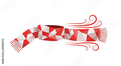 Geometric red and white scarf flying in the wind with swirling patterns, isolated on a white background, creating a dynamic and artistic illustration