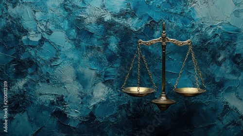 Brass scales held above a textured blue surface represent the need for fairness and justice in contemporary society.