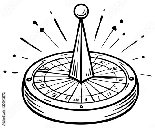 Old fashion sundial object for timekeeping navigation with gnomon and dial plate in vector design on white.