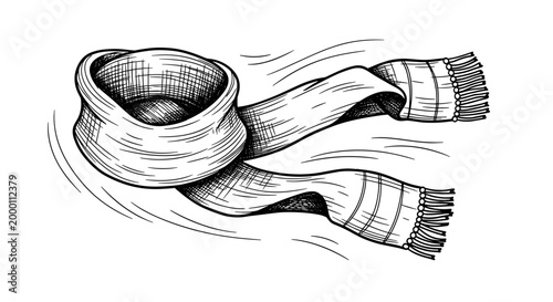 Monochrome illustration of a scarf gracefully flying in the wind, with detailed texture and flowing lines on a white background