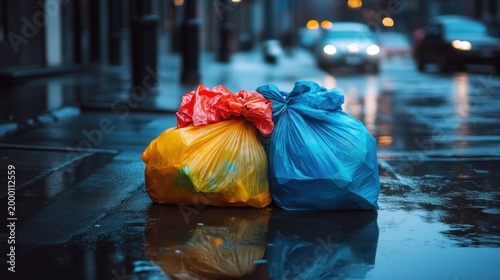 Brightly colored garbage bags on a wet urban street in the morning light, showcasing urban waste management issues.