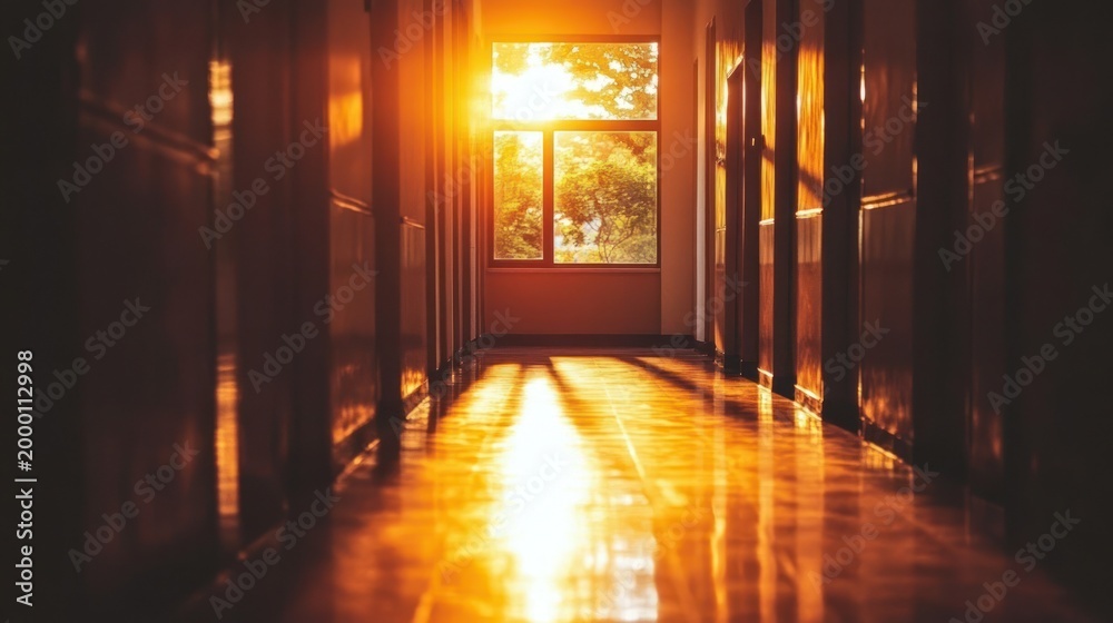 Fototapeta premium Sunbeams illuminating a long corridor