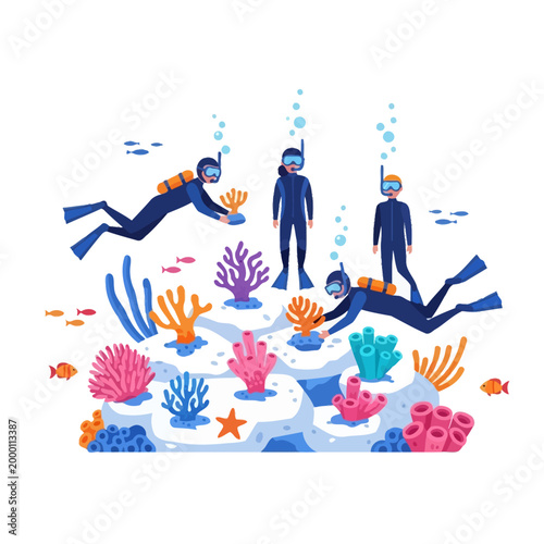 Scuba divers exploring vibrant coral reef ecosystem with diverse marine life