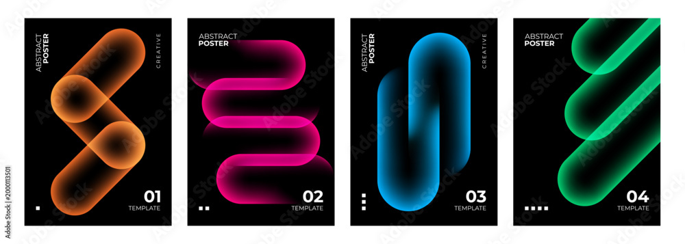 Fototapeta premium Set of Abstract Posters. Bright neon colored gradient geometric shapes on black background. Creative graphic designs. Vector illustration.