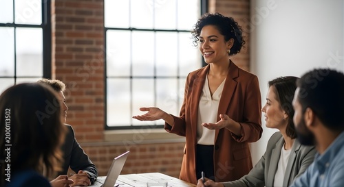 Confident Young Latina Business Leader Facilitating Creative Strategy Session — Hispanic Female Executive Presenting to Diverse Team in Bright Industrial-Chic Co-Working Loft