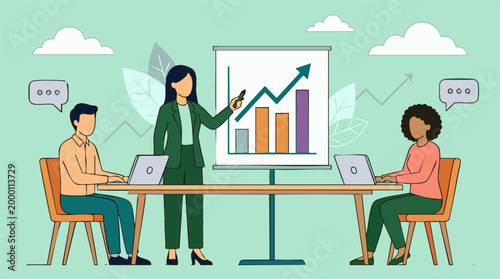 Business presentation with a woman explaining a growth chart to colleagues