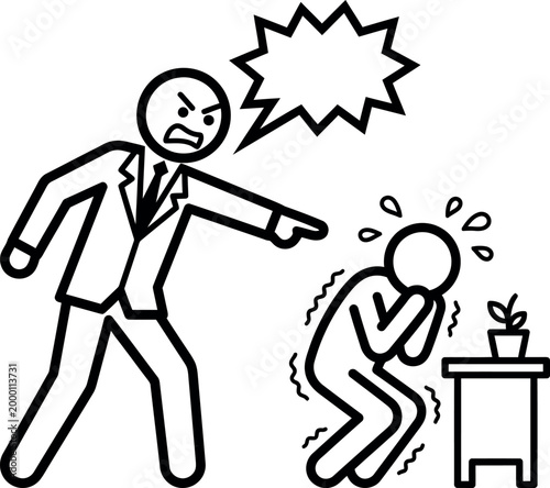 Angry businessman yelling at scared employee in office setting with plant on desk