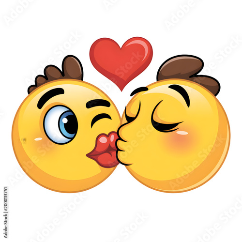 Kissing Emoji Couple with Heart on White Background
