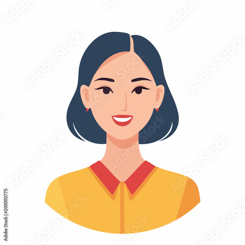 Illustration of a smiling Asian woman with short dark hair
