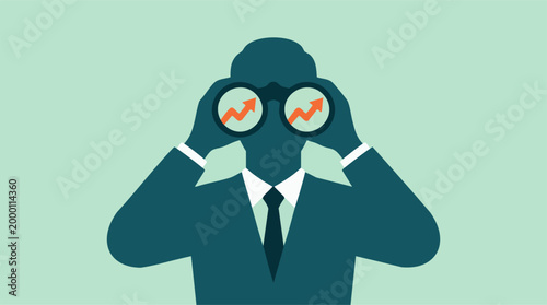 Businessman with binoculars observing upward growth arrows, business forecast
