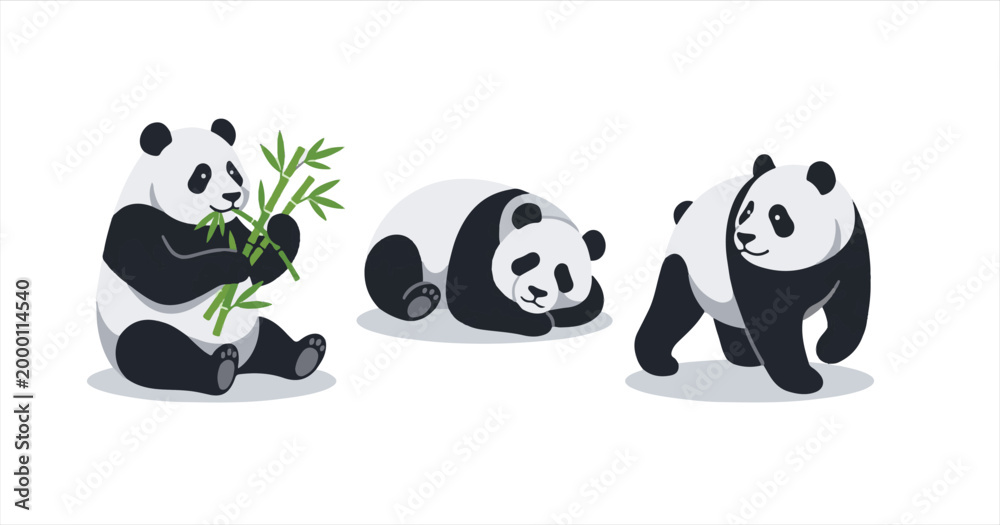 Fototapeta premium A funny cartoon baby panda character with a black and white bear paw print icon isolated on a nature green bamboo background vector illustration