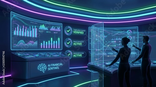 Futuristic AI financial sentinel dashboard for accounting and consulting saas platform with professional analysts monitoring digital data analytics and business intelligence in high tech room.