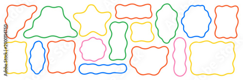 Wavy Organic Rectangle Text Box Set. Wiggly frames and shapes in vibrant colors. Soft irregular rectangle, bubble, abstract form create playful hand drawn border. Vector Curve Star, Oval, rhombus