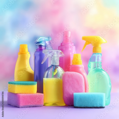 Household cleaning supplies arranged with colorful sponges for hygiene