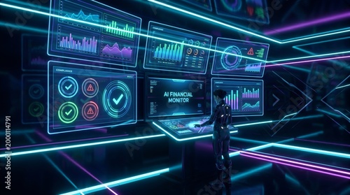 Advanced AI Financial Monitor Dashboard for Modern Accounting and Consulting SaaS Platforms Featuring Futuristic Data Analytics Visualization and Digital Business Intelligence Technology Interface