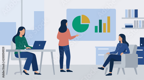 Businesswomen collaborating and analyzing data in an office meeting