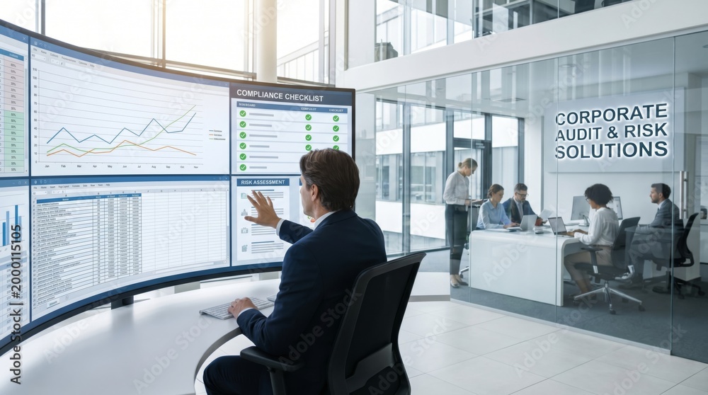 Fototapeta premium Professional finance and accounting consulting using SaaS dashboard for corporate audit and risk solutions management with data analysis and financial monitoring in a modern office workspace.