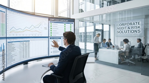 Professional finance and accounting consulting using SaaS dashboard for corporate audit and risk solutions management with data analysis and financial monitoring in a modern office workspace.