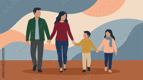 Happy family of four walking together, holding hands, flat illustration