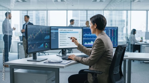 Professional female financial analyst working on SaaS dashboard in modern office environment, managing accounting data and consulting on stock market trends using multiple computer monitors.