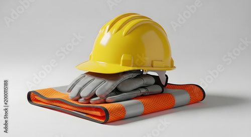 Construction worker safety gear including a yellow hard hat, protective gloves, and a high-visibility orange vest for industrial or occupational use