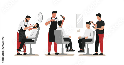 Vector illustration of a professional business team including men and women in suits standing in a row and different poses to represent successful teamwork and office management
