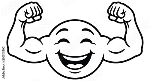 cartoon face with flexed biceps black and white line drawing