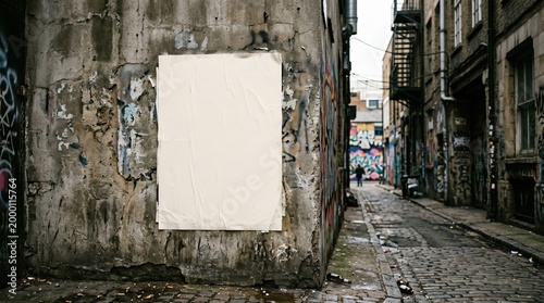 Blank poster mockup on gritty urban graffiti wall in dark alley