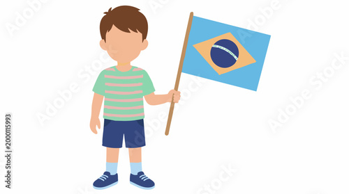 Cartoon boy proudly holding the national flag of Brazil