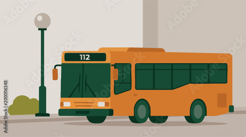 Flat design illustration of an orange city bus on a street with lamp