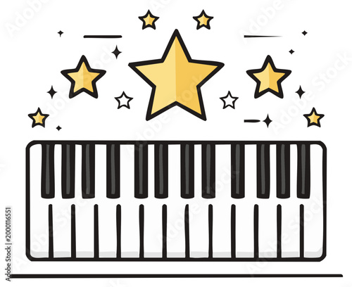Cartoon piano keyboard with musical stars design element