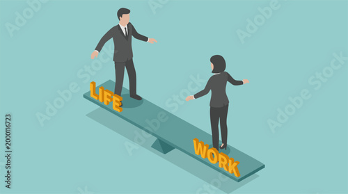 Work-life balance concept with businessman and businesswoman on a seesaw scale