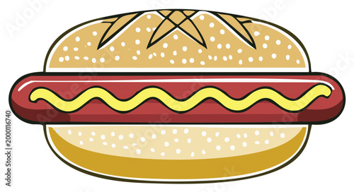 Hot Dog with Mustard on Bun Delicious Cartoon Illustration of Sausage Food Simple Design