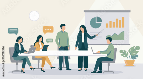 Business team collaborating in a meeting with presentation and charts