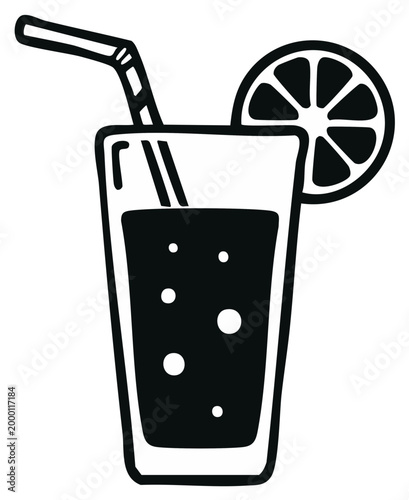 Refreshing drink illustration featuring a tall glass with a straw and a slice of citrus fruit as a garnish