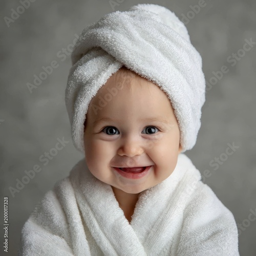 Adorable baby smiling wearing white bathrobe and towel turban