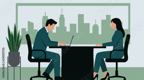 Business colleagues working at office desk with laptop, cityscape background