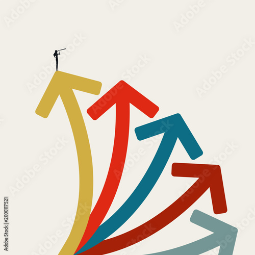 Businesswoman standing on growth arrows looking through telescope career vision choice. Ambition promotion concept. Minimal vector illustration infographics.