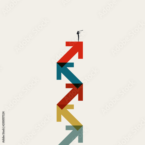 Business growth vector concept. Businesswoman standing on top of zigzag arrows. Career success, vision and opportunity. Minimal eps10 illustration and infographics