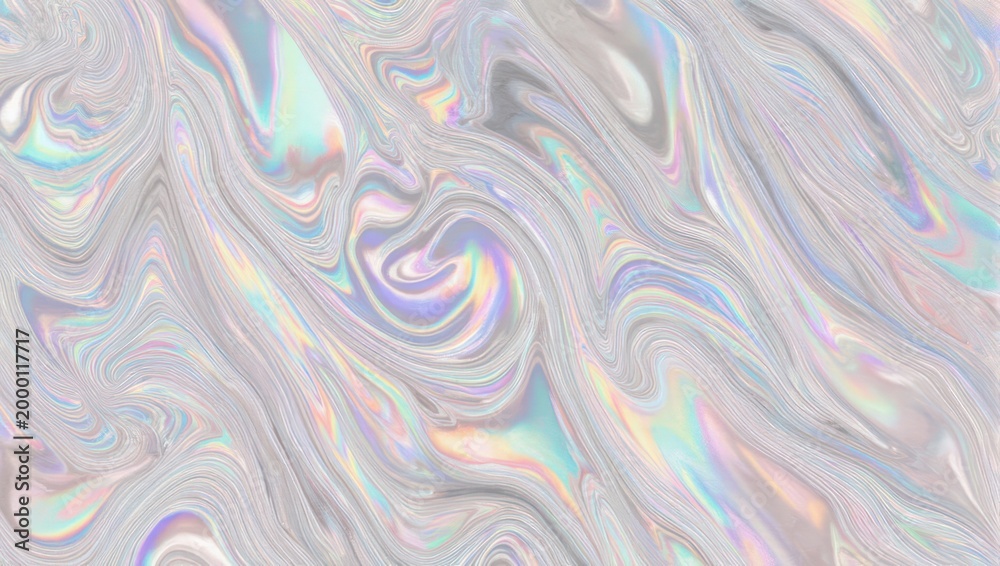 Fototapeta premium Swirling, iridescent liquid texture with flowing ribbons of pearlescent and rainbow hues